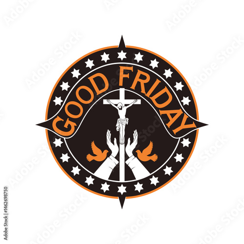 "Good Friday Emblem with Crucifixion, Praying Hands, and Peace Doves — Christian Vector Badge Design"
