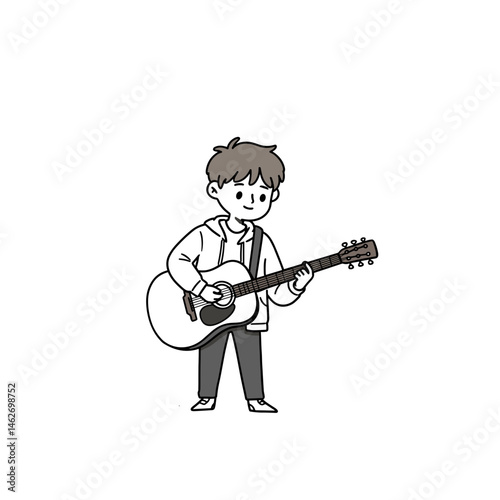 Teen playing an acoustic guitar in a garage, enjoying music and expressing creativity, on a white background