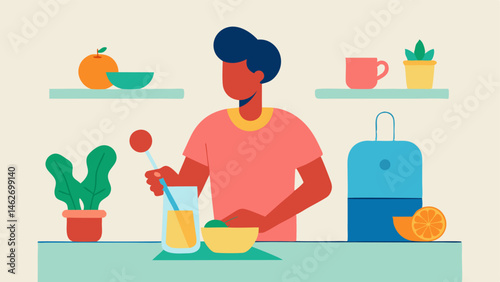 Healthy Snack An individual standing at a kitchen counter preparing a colorful smoothie with fruits and greens reflecting a vibrant and healthy lifestyle postrecovery.