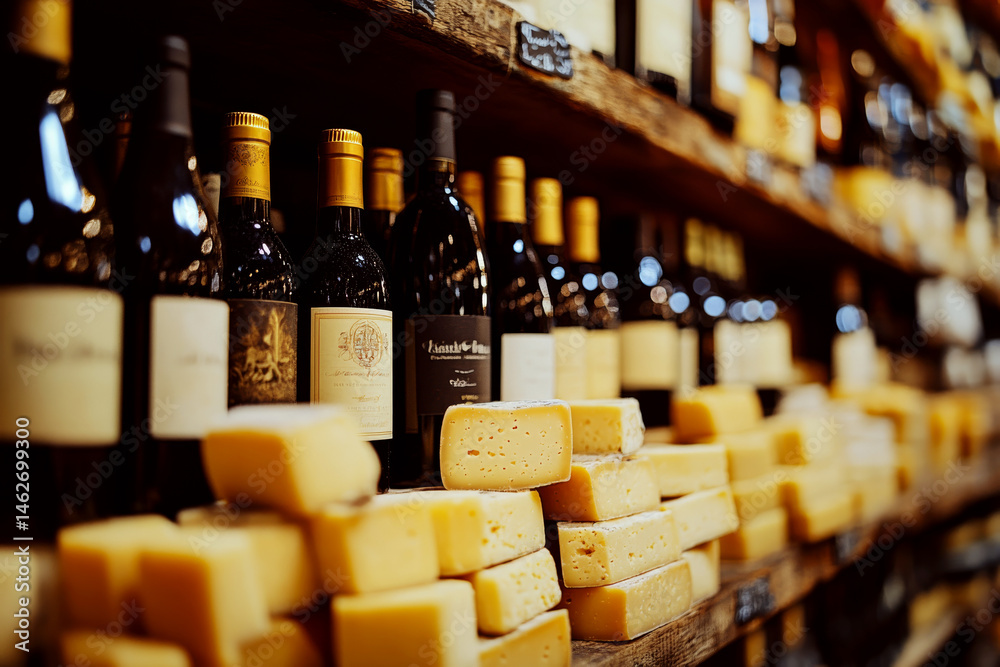 Wine bottles with golden caps and various cheeses are neatly arranged on wooden shelves. Concept of gourmet items display. For food and beverage promotions.