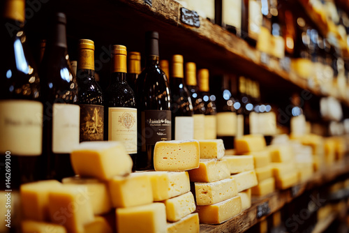Obraz na płótnie Wine bottles with golden caps and various cheeses are neatly arranged on wooden shelves. Concept of gourmet items display. For food and beverage promotions. w salonie