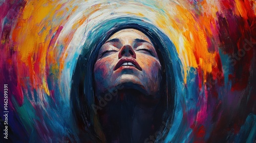 Abstract art. Colorful painting art portrait of Mary coming out of the empty tomb of Jesus. Jesus lives. Her face is filled with overwhelming joy.