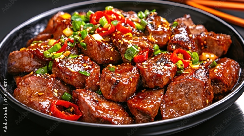Savory meat cubes with sesame seeds and chili peppers in dark bowl Savory meat cubes with sesame seeds and chili peppers in dark bowl