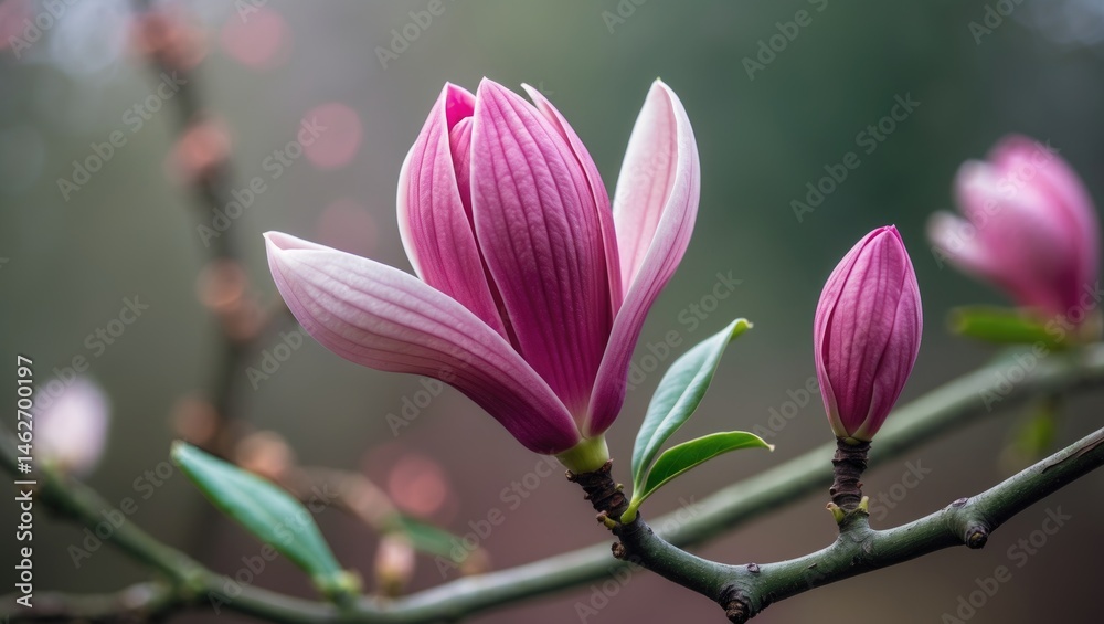 Fototapeta premium Magnolia Tree Branch Featuring Beautiful Flowers and Buds