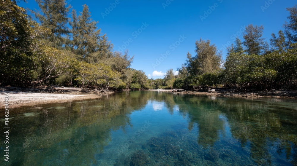 Obraz premium Soft morning light illuminates a tranquil mangrove forest, creating a calm atmosphere over the still waterway with dappled reflections and lush greenery