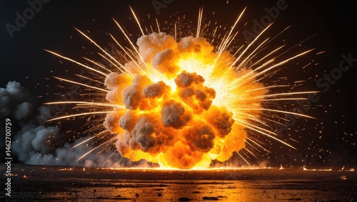 Vivid fiery blast erupting over a dark backdrop with a blazing fireball