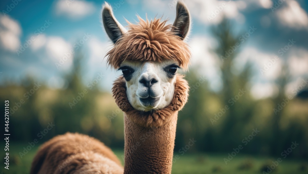 Obraz premium Cute and funny alpaca portrait in outdoor nature
