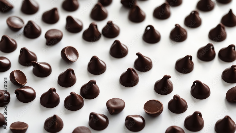 Obraz premium White background with scattered chocolate morsels seen from above in close-up