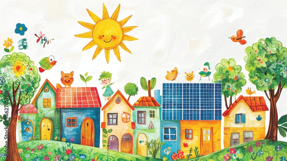 Naklejka premium Whimsical village filled with colorful houses, lively trees, and cheerful animated characters celebrating a bright sunny day in a joyous atmosphere