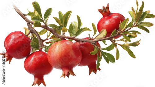 Pomegranate Tree Branch With Ripening Red  isolated on a transparent background