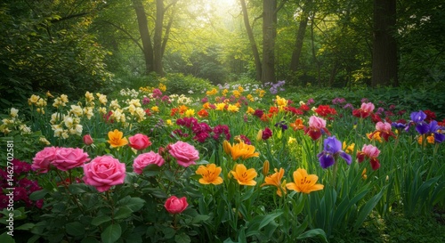 Vibrant flower garden bathed in sunlight
