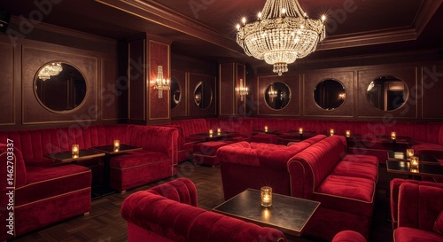 Luxurious Red Velvet Lounge Interior - Elegant red velvet seating arrangement in a dimly lit lounge with crystal chandeliers and circular mirrors. Perfect for upscale bar, club, or hotel ambiance