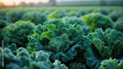 Growing Kale, a Classic Winter Vegetable, in a Farm Landscape with Fields and Nature