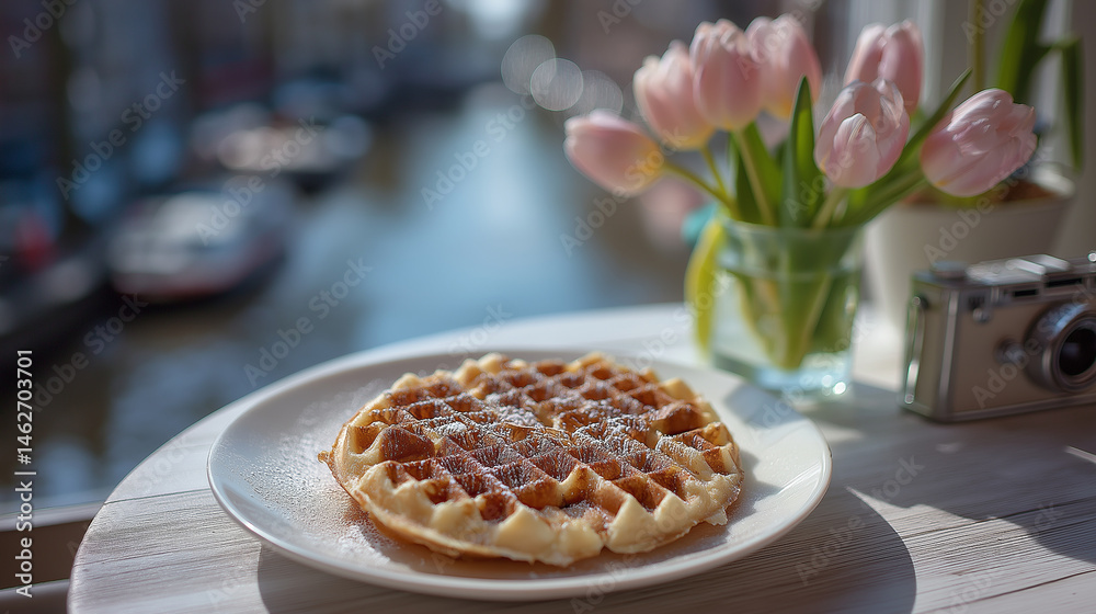 Fototapeta premium Delightful Belgian Waffles with Tulips and Vintage Camera Flatlay