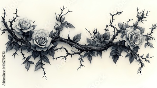 A delicate, thorny rose branch, in grayscale