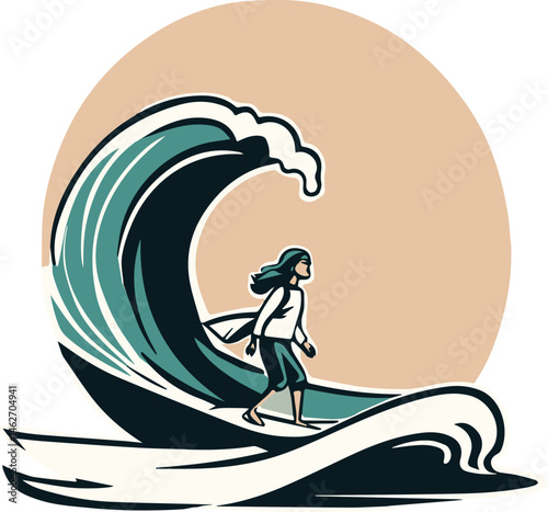 Female surfer riding a powerful wave on a surfboard in the ocean under a bright sun, vibrant vector illustration perfect for summer and adventure themes