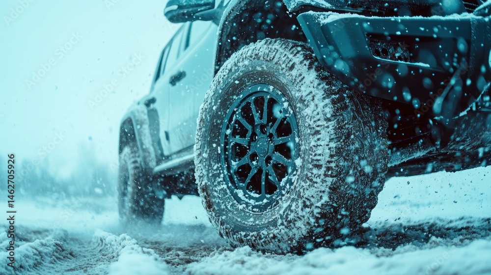 Off road vehicle tire driving in snowy conditions Off road vehicle tire driving in snowy conditions