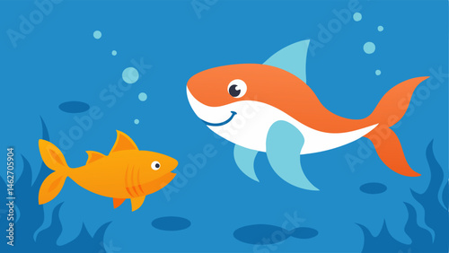 Friendship in the Deep A charming depiction of a shark and a goldfish exploring a vibrant underwater landscape. The sharks robust form and confident demeanor contrast with the