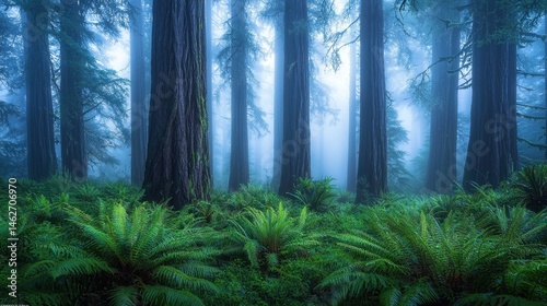 Dense redwood trees rise high above a carpet of lush ferns in a misty forest. The serene atmosphere invites quiet contemplation among nature's beauty