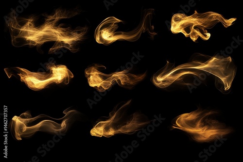 Collection of diverse fire and smoke effects, isolated on black.  Different shapes and intensities of golden-orange flames and smoke,  with a transparent quality,  ideal for design