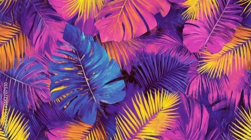 Tropical plants and Jungle background vector. colorful summer pattern design with topical foliage, arts brush and pink color. Modern wallpaper design for prints, poster, cover, cards and. homewares. 