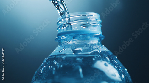 Close-up view of water pouring into a plastic bottle.