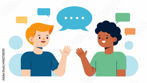 Sign Language in Conversation Two friends communicating in sign language surrounded by speech bubbles illustrating different thoughts and ideas emphasizing the importance of visual