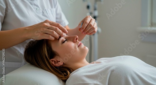 Wallpaper Mural Woman receiving acupuncture treatment on her face in a clinic setting Torontodigital.ca
