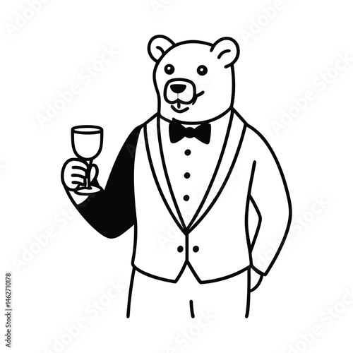 bear tuxedo holding a glass line art vector silhouette