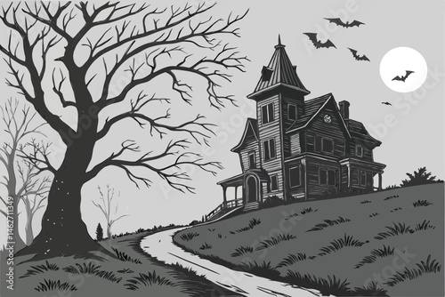 51 Dark gothic house, twisted bare tree, crows, bats, eerie atmosphere, black and white illustration, pen and ink drawing, haunted landscape, winding path, lone figure, silhouette, moody sky, detailed