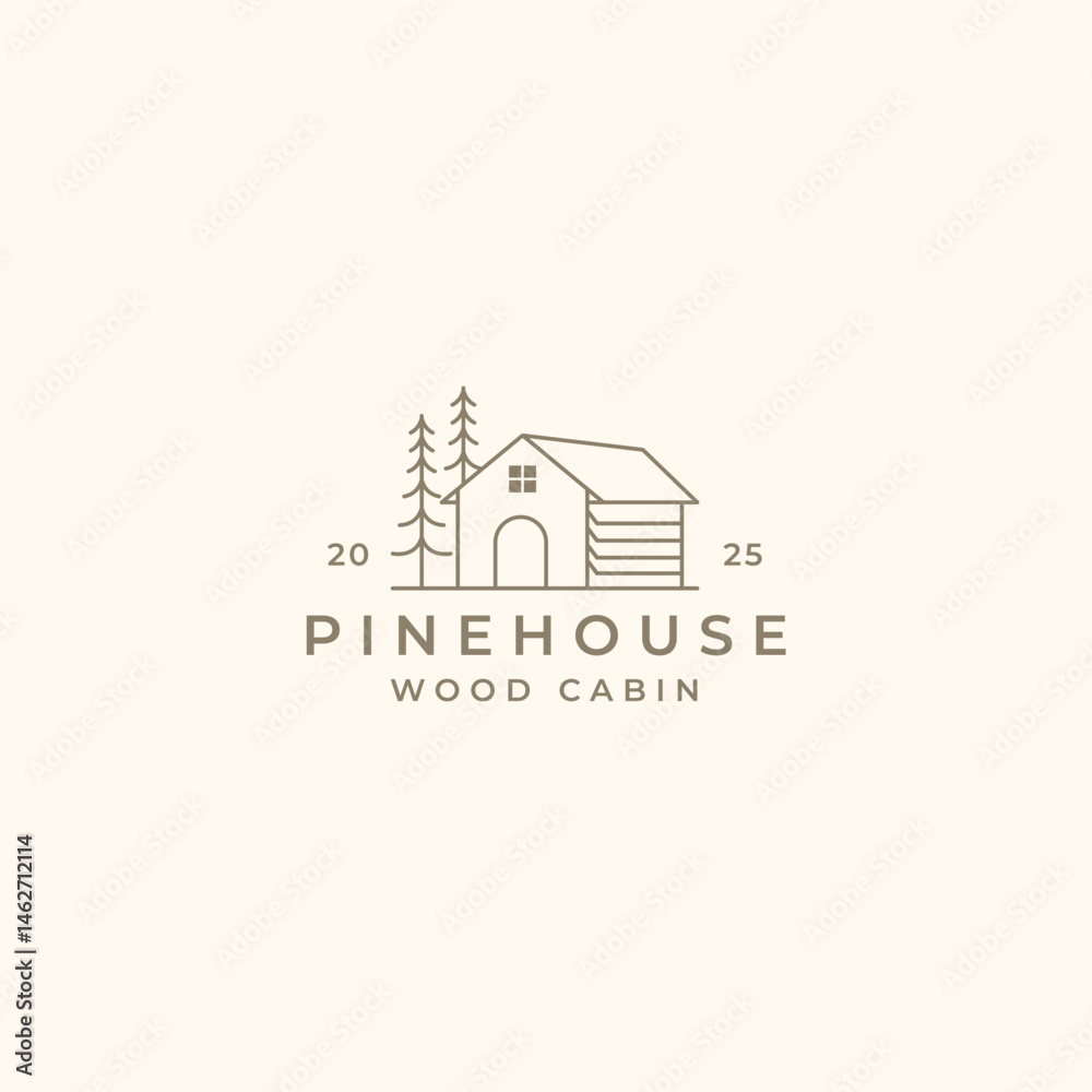 Fototapeta premium Line Art Wooden Cabin Cottage and Hut Logo Design Vector Illustration.