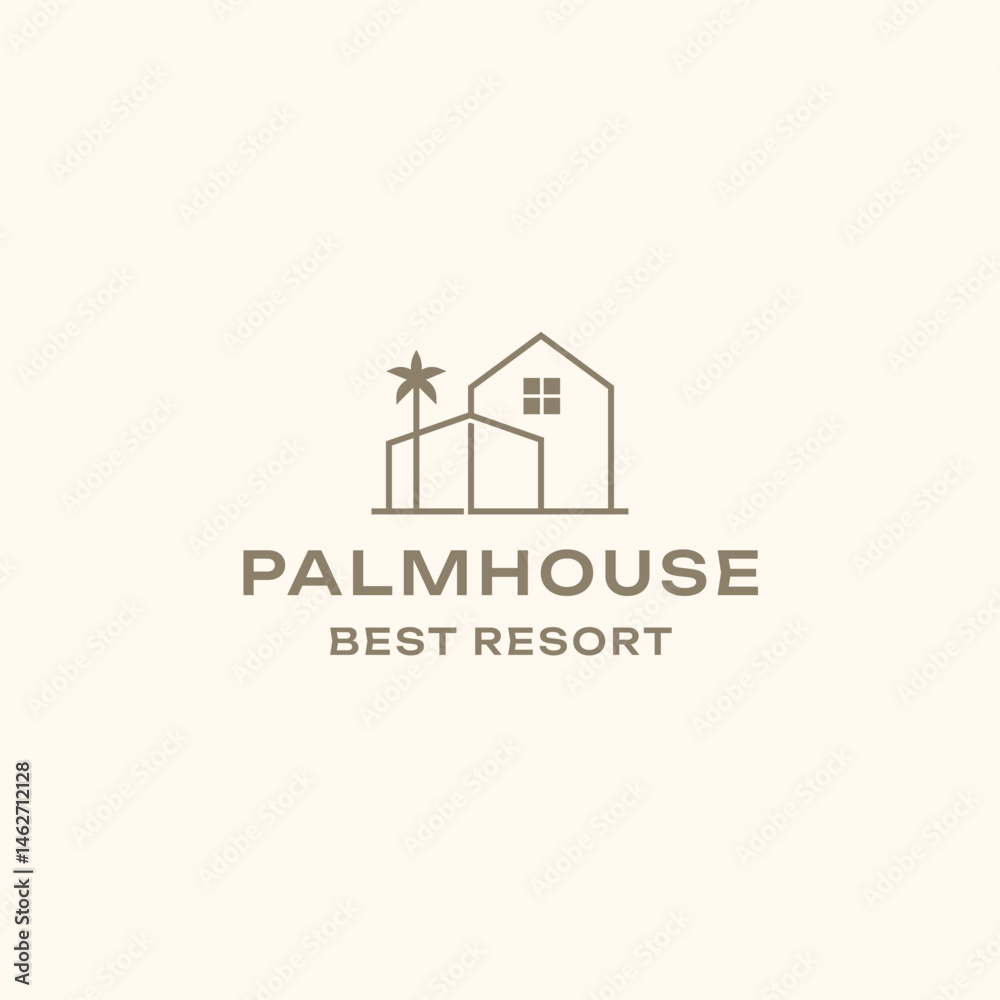Fototapeta premium Minimalist Line Art Palm House Resort Logo Template, Creative Minimal Vector Design