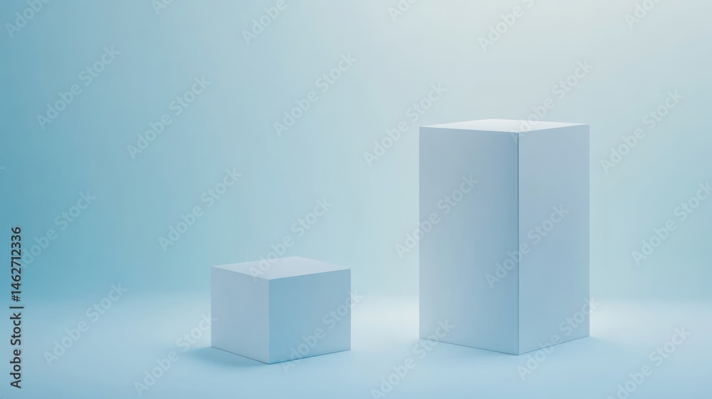 Minimalist white cube display stands on light blue background Minimalist white cube display stands on light blue background