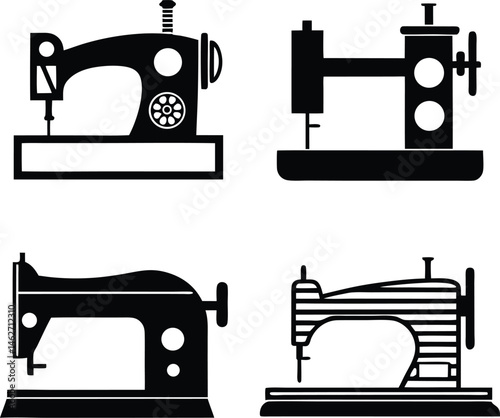 A Set of Silhouette Vector Illustrations of Vintage and Modern Sewing Machines