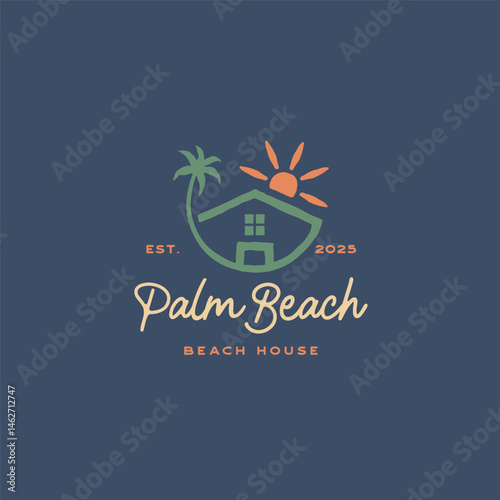 Vintage Hand Drawn Coastal House with Palm Tree and Sun Logo Design