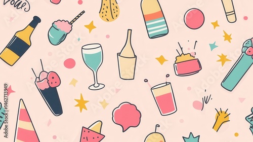Party drinks and snacks, celebratory pattern.  Various icons of beverages, desserts, and party supplies arranged on a light pink background.  Stars, confetti, and other festive elements