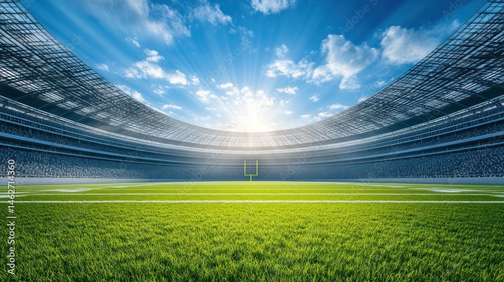 Fototapeta premium Bright sunny day at modern football stadium green field large seats event background