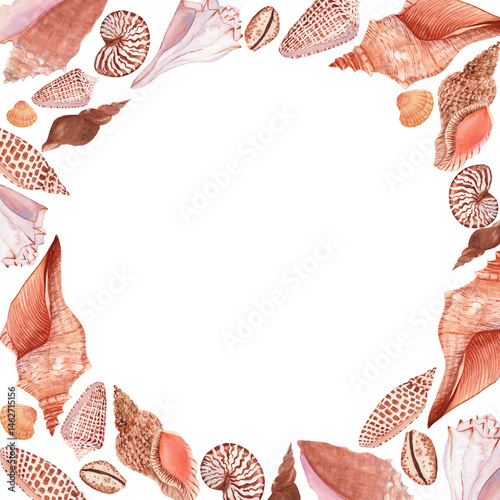 Watercolor square frame made of delicate seashells with a circular blank space in the center. Ideal for summer wedding invitations, coastal branding, greeting cards, and elegant marine-themed packagin