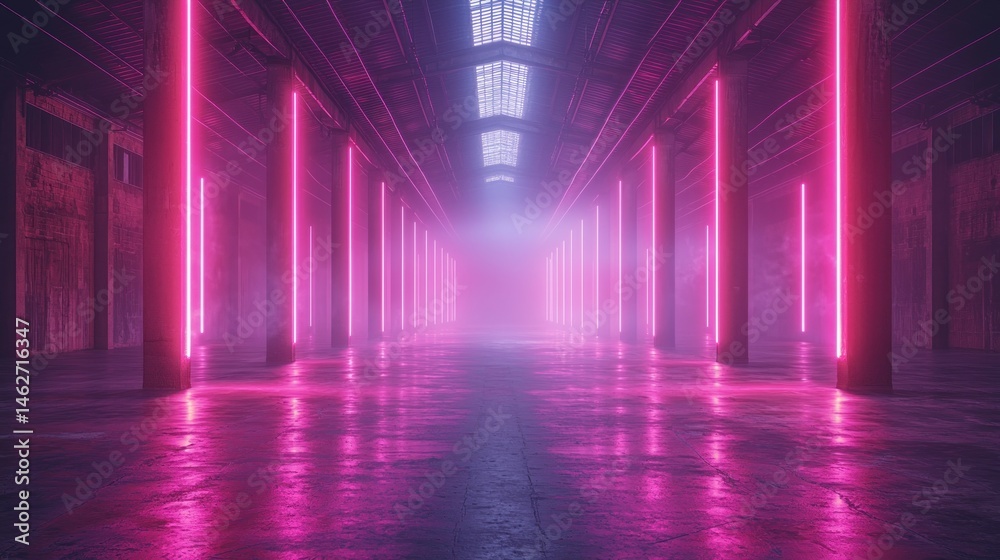 Naklejka premium Neon Lights in Warehouse Creating Futuristic Vibe with Shiny Floor