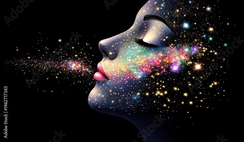 A woman's profile, cosmically adorned.  A breath of stardust escapes her lips, face a canvas of swirling nebulae and glittering stars