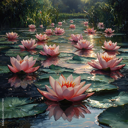 Pink water lilies gracefully float on a tranquil pond, creating a serene, natural scene.