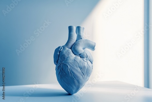 A detailed anatomical model of a human heart, showcasing its intricate structure and chambers.