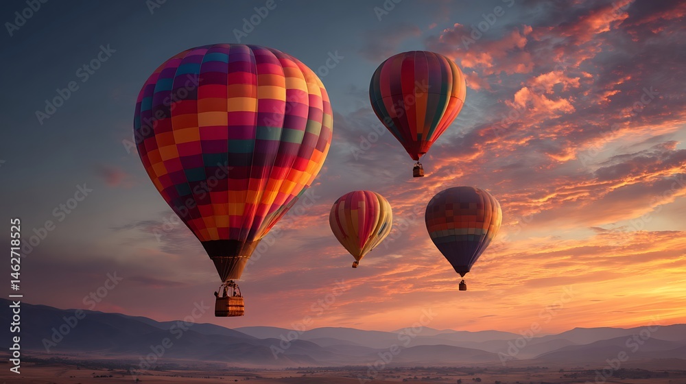 Fototapeta premium Hot air balloons float above the mountain range sunset
