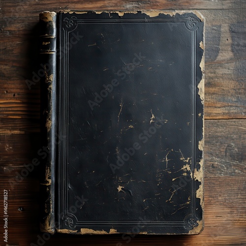 Worn-out black leather book cover with aged gold accents and scuffed edges.
