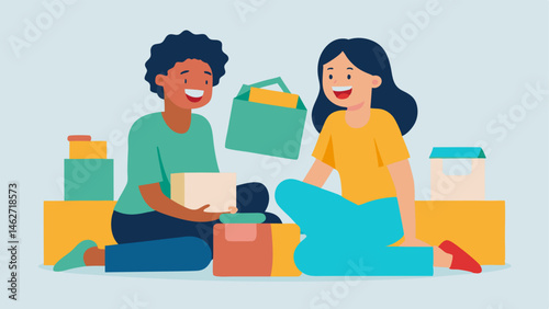 Friends and Favors Two friends laugh as they sit on top of a pile of shopping bags surrounded by boxes while sorting through their purchases.