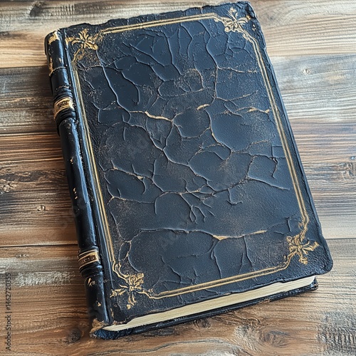 Worn-out black leather book cover with aged gold accents and scuffed edges.