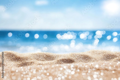 Sandy Beach Seascape Scene, Blurred Sea, Clear Sky, Summer Backdrop with Sun
