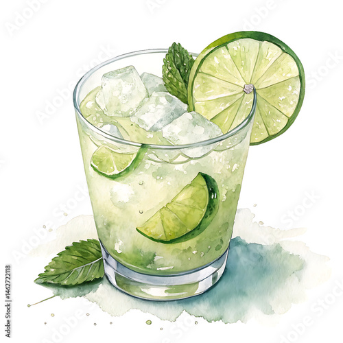 Refreshing Lime and Mint Cocktail Watercolor Illustration