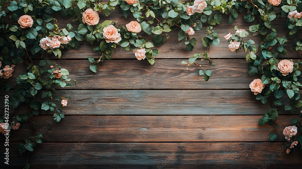 Fototapeta premium Peach roses with green leaves adorn a rustic wooden surface. A delicate and natural arrangement.