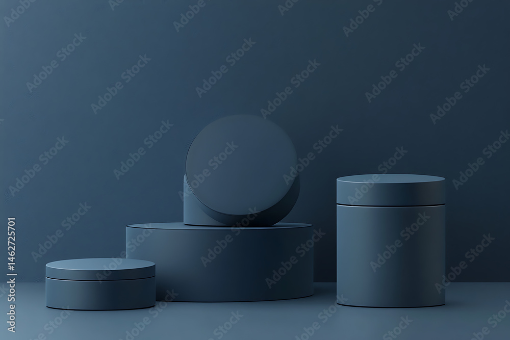 Minimalist arrangement of various dark blue containers on a matching background, showcasing elegance Minimalist arrangement of various dark blue containers on a matching background, showcasing elegance